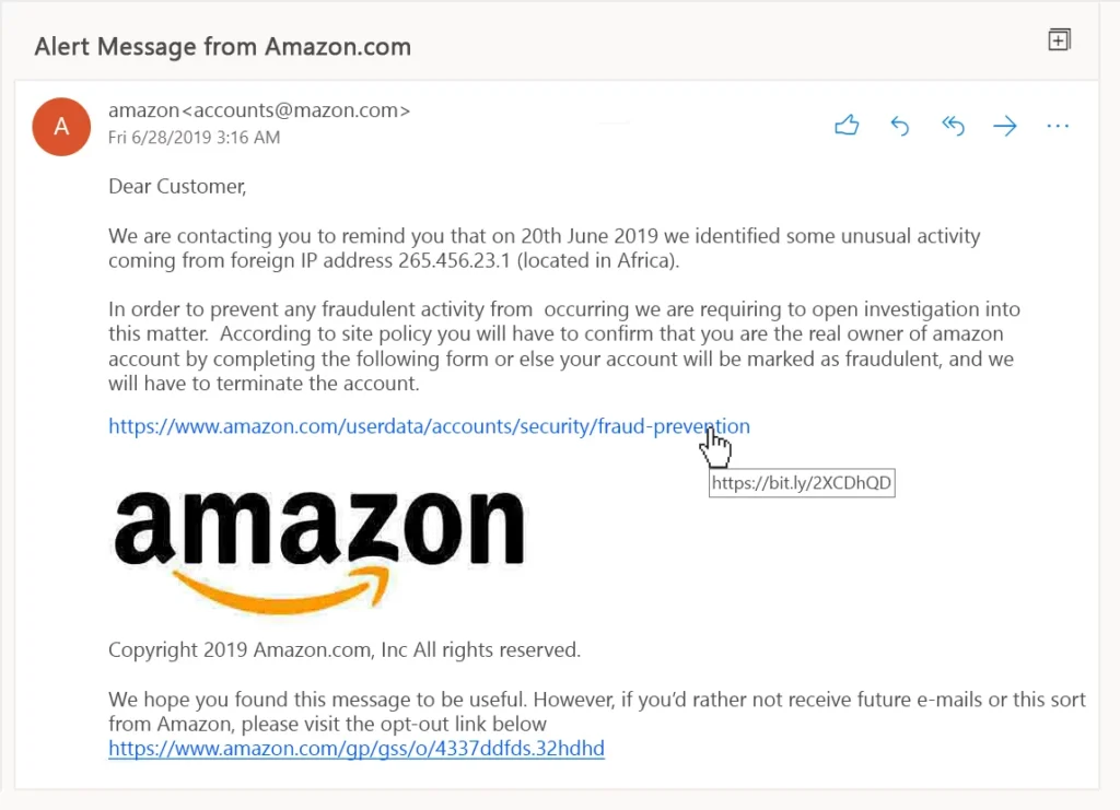 Phishing emails- always check the sender email, in this case its mazon rather than amazon.